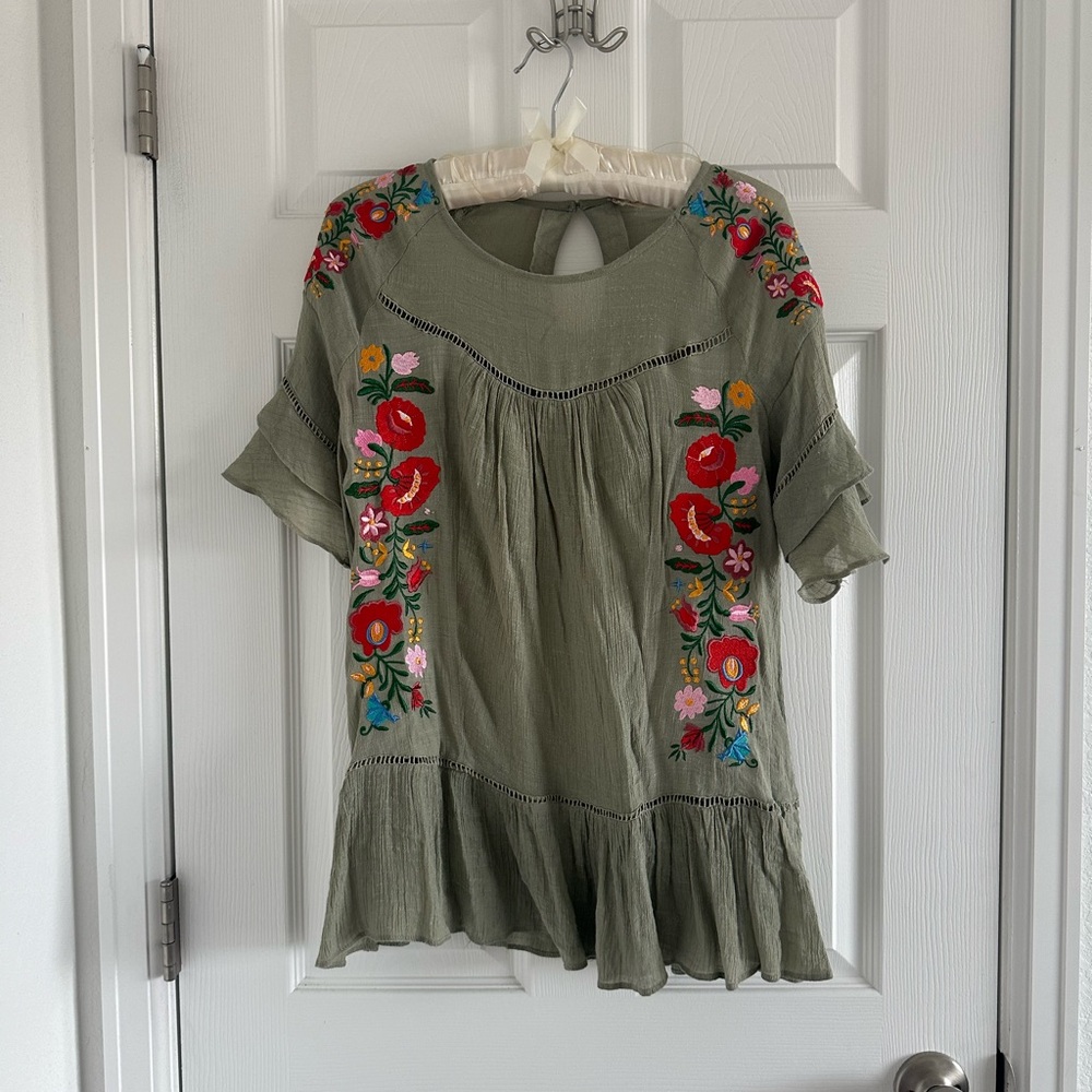 Embroidered Green Floral Women's Top